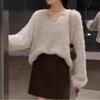 Imitation Mink Velvet V-neck Soft Waxy Knitted Sweater Top Autumn and Winter New Casual Fashion Outer with Bright Silk Pullover Sweater Women