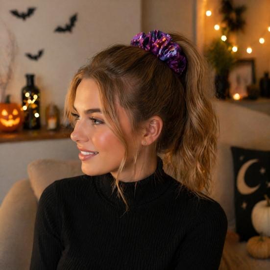 Fluffy Hair Scrunchies Halloween Ties, High Elasticity Scrunchies, Soft Stretchy Bands with Ghost Witch Hat Tie Bat Spider Web Design,