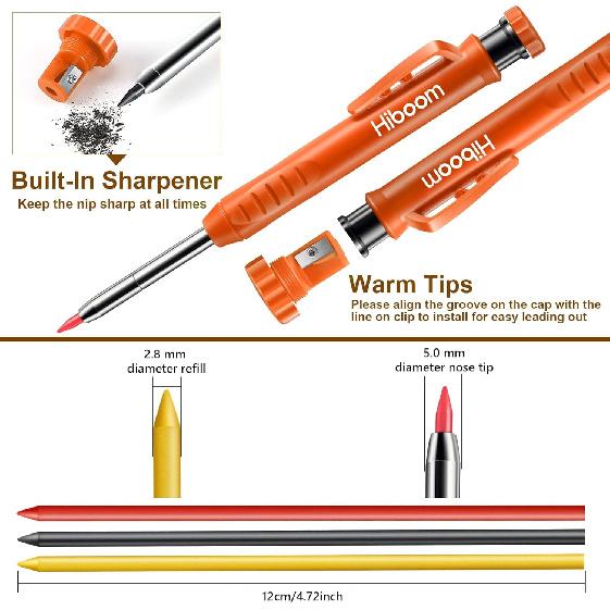 Hiboom 2 Pack Solid Carpenter Pencils with Pencil Cap and 18 Refills, Long Nose Deep Hole Mechanical Pencil Marker, Scribe Tool with Built-in