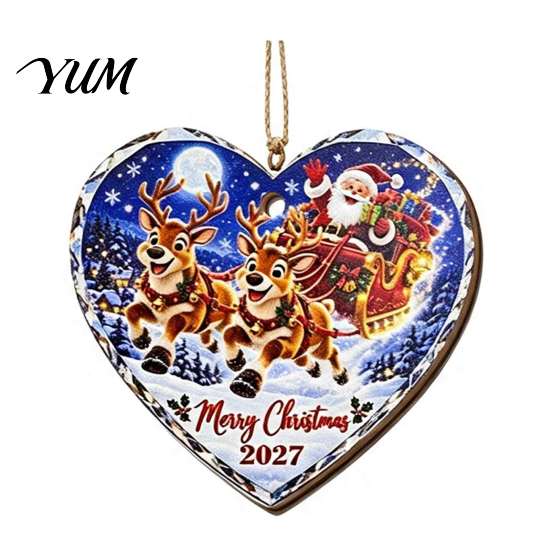 Seasonal Decorative Accents Heart Shaped Wooden Christmas Ornament, Santa Snowman Hanging Decor with Red Pendants String, Festive Tree Pendant