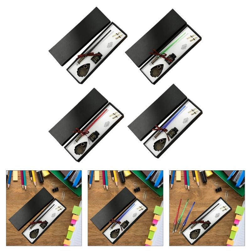 Calligraphy Glass Dip Pen and Inks Set with Replaceable Pen Tip and Metal Pen Holder for Writing Invitation Scrapbooking