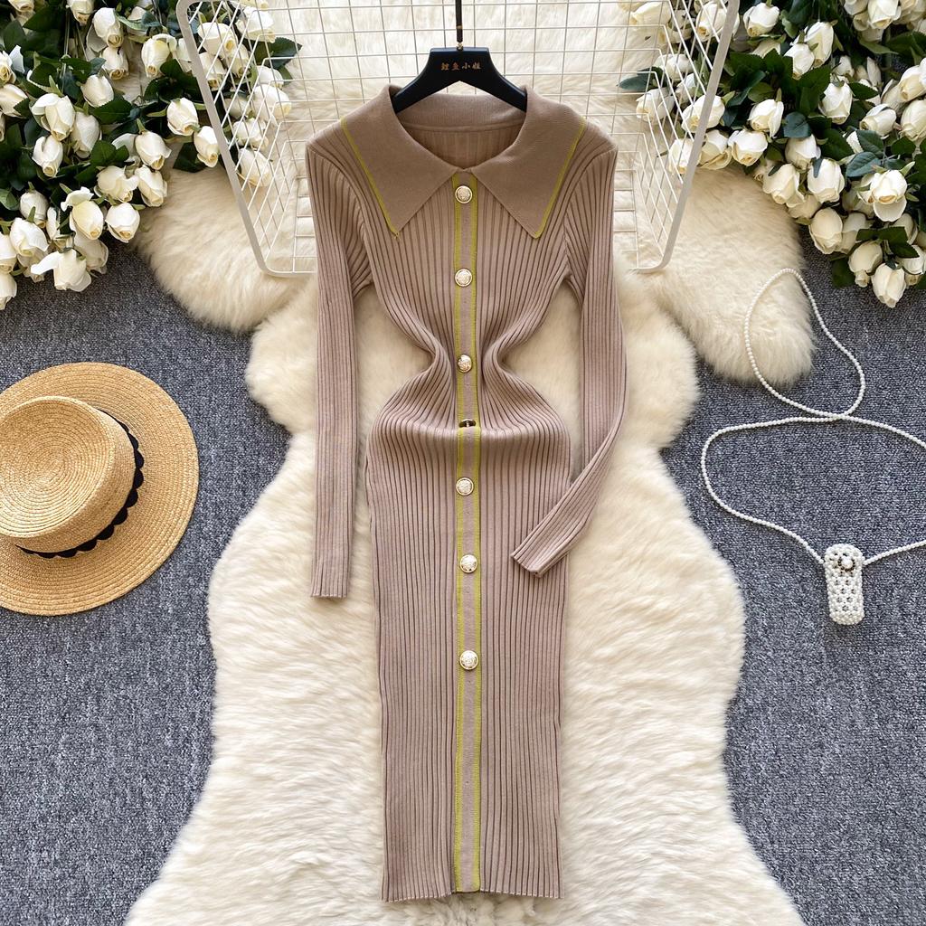 Autumn Winter Women Knitted Dresses 2024 Vintage Patchwork Striped Long Sleeve Bodycon Sexy Chic Long Dress