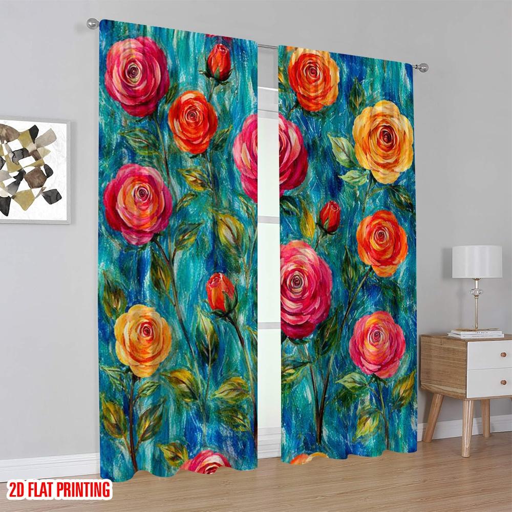 2D flat printing 2pcs Curtain Window Treatment Curtains Vibrant Roses on Blue Digital Printed Polyester Drapes Festive Curtains