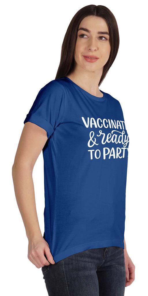 Inkmeso Женская футболка с круглым вырезом и надписью «Vaccinated & Ready To Party Pro-Vaccine»