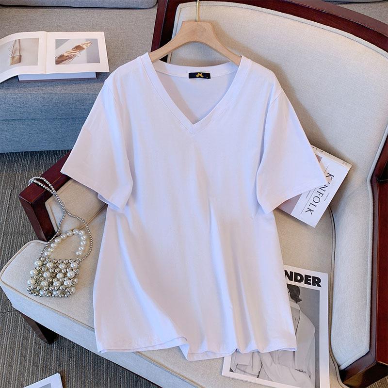 Женская футболка больших размеров летняя хлопковая с коротким рукавом свободная с V-образным вырезом
