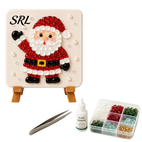 Beginner Friendly Crafts Christmas Mosaic Art Kit, DIY Sea Glass Santa Craft Reindeer Artwork Kit for Home Decor, Handmade Gift Family Activity