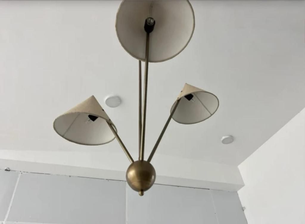 Подвесной светильник с 3 тканевыми абажурами, стиль Mid Century Modern, сырая латунь, люстра-спутник