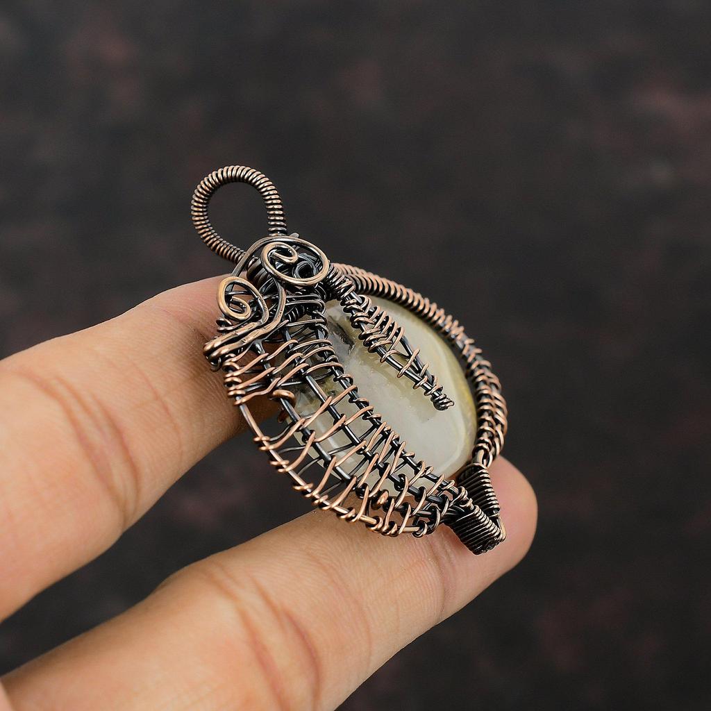 Подвеска из агата с перьями, обернутая медной проволокой, ювелирные изделия из драгоценного камня с перьями, дизайнерская подвеска ручной работы, обернутая медной проволокой, подарок для мамы