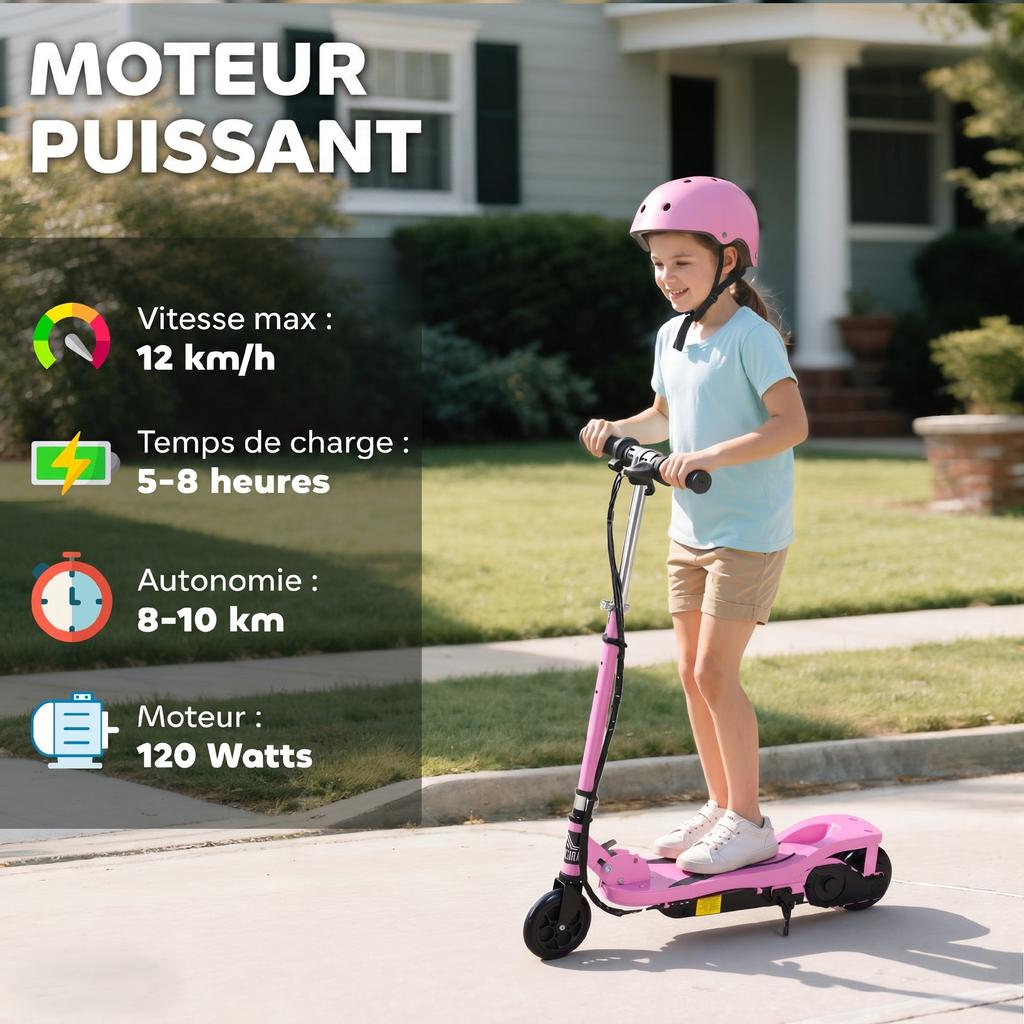 Electric Scooter for Children 7+, Folding, 120 W, Max Speed 12 km/h, 75 x 36 x 82-93 cm, Pink