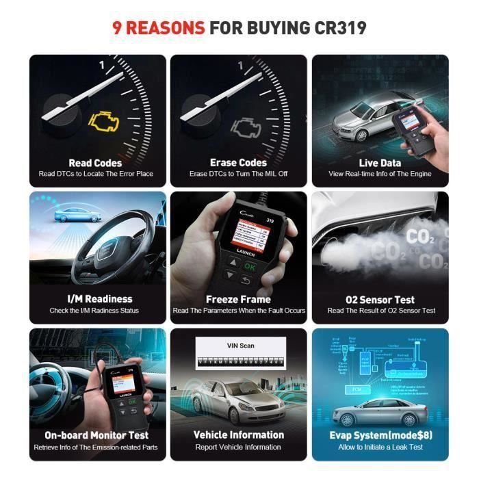 LAUNCH CR319 OBD2 Scanner Valise Diagnostic Auto Multimarque pour Lire et Effacer Les Codes d’Erreur du Moteur