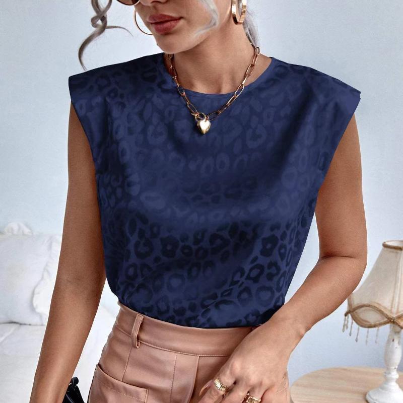 GMXIA Women's Fashion Casual Summer Leopard Print Sleeveless O-Neck Blouses & Shirts