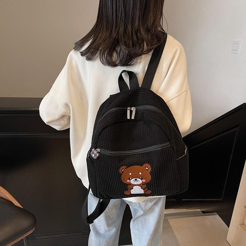 Bear Backpack Corduroy Student Schoolbag Women Cartoon Backpack