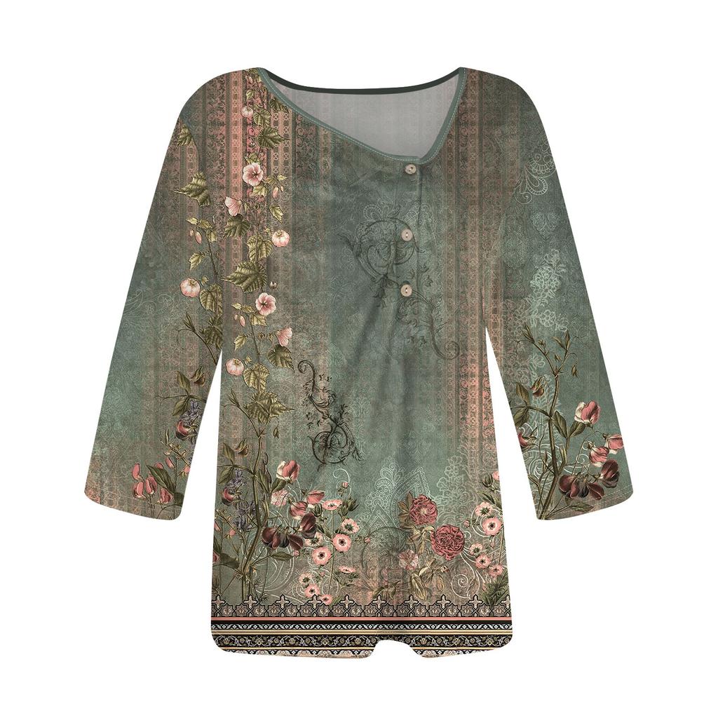 Women's T Shirt Tee Print Button 3/4 Sleeve Daily Weekend Fashion Basic Regular Top