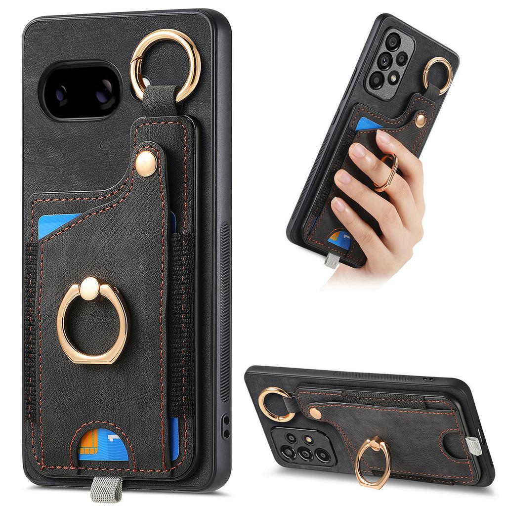 For Google Pixel 9a Retro Leather Phone Back Cover with Card Slots and Ring Holder