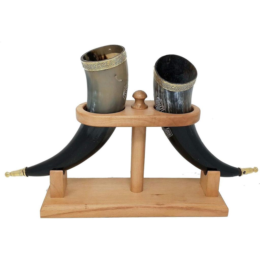 Viking Drinking Handmade Natural OX Horn Cup for Ale, Beer, Mead, Wine | 12 Inch | 100% Leak Free | with Beautiful Wooden Stand (Set of 2)