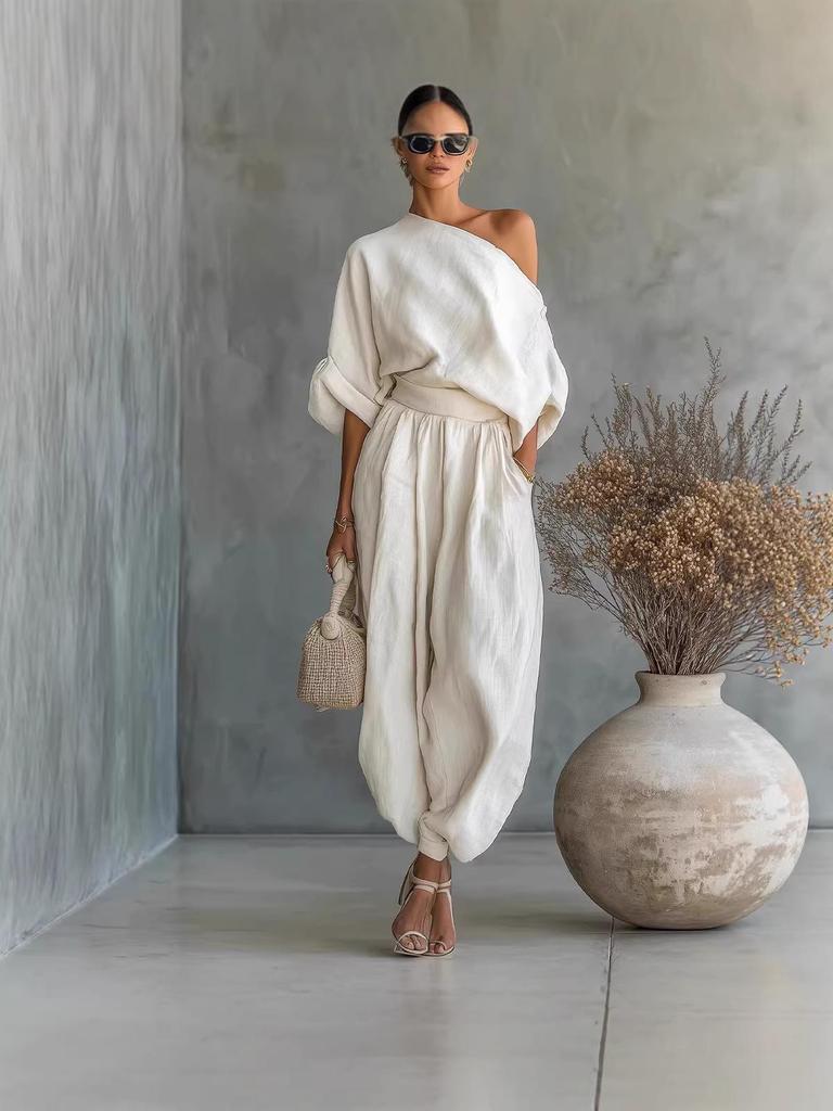 Весна 2026 Европа Однотонный Комплект из Двух Частей с Открытыми Плечами - Универсальный, Повседневный, с Карманами