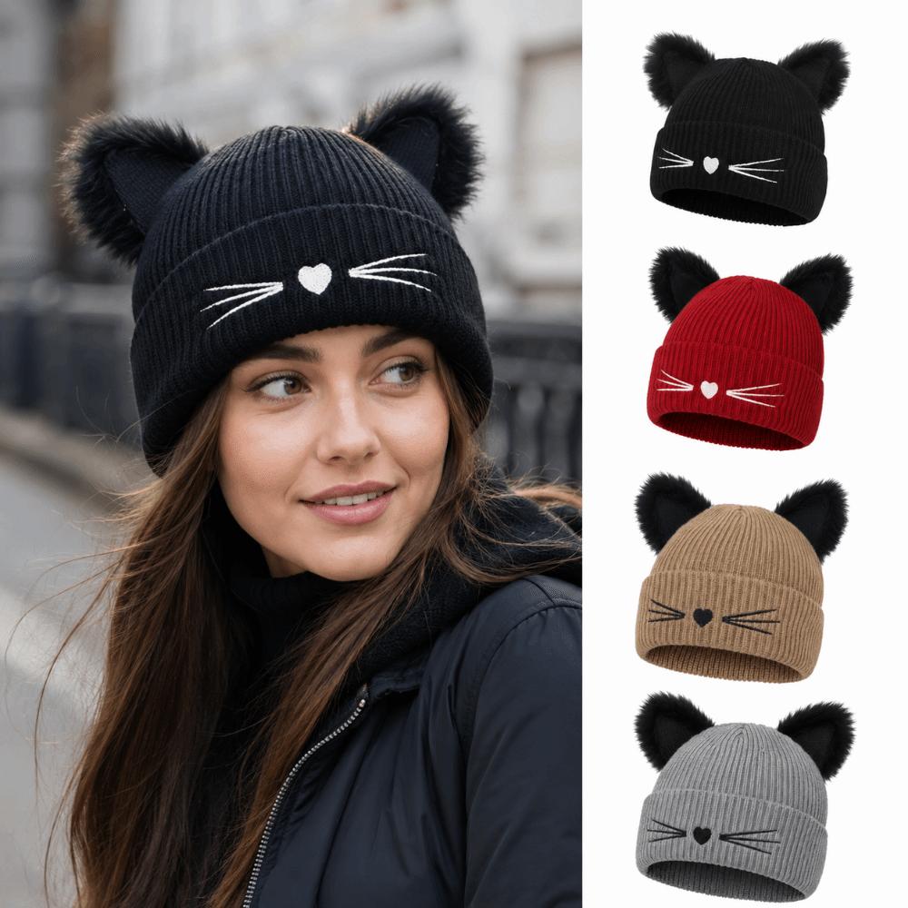Embroidery Cat Ear Beanie Faux Fur Skull Cap Streetwear Winter Hat Autumn Winter