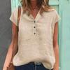 V-Neck Short Sleeve Buttons Simple T-shirt Women Solid Color Pullover Top Female Clothing
