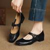 Wear Small Leather Shoes In All Seasons, New Women's Leather Single Shoes, Round Head Buckle, Low Heel, Large Size Shoes, Square Heel, Black Beef Te