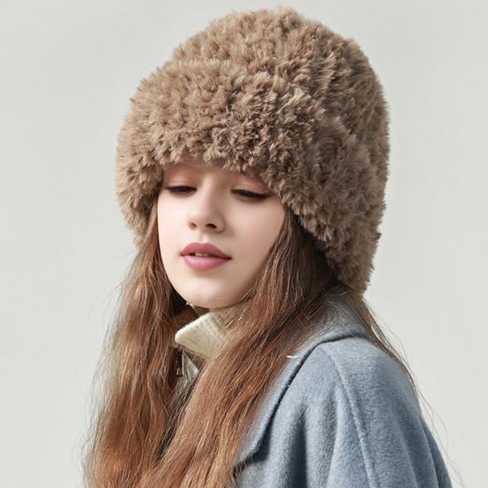 Women Winter Hat Fuzzy Faux Fur Brimless Solid Color Dome Windproof Warmth Sun Protection Knitted Cap Outdoor Travel Headwear