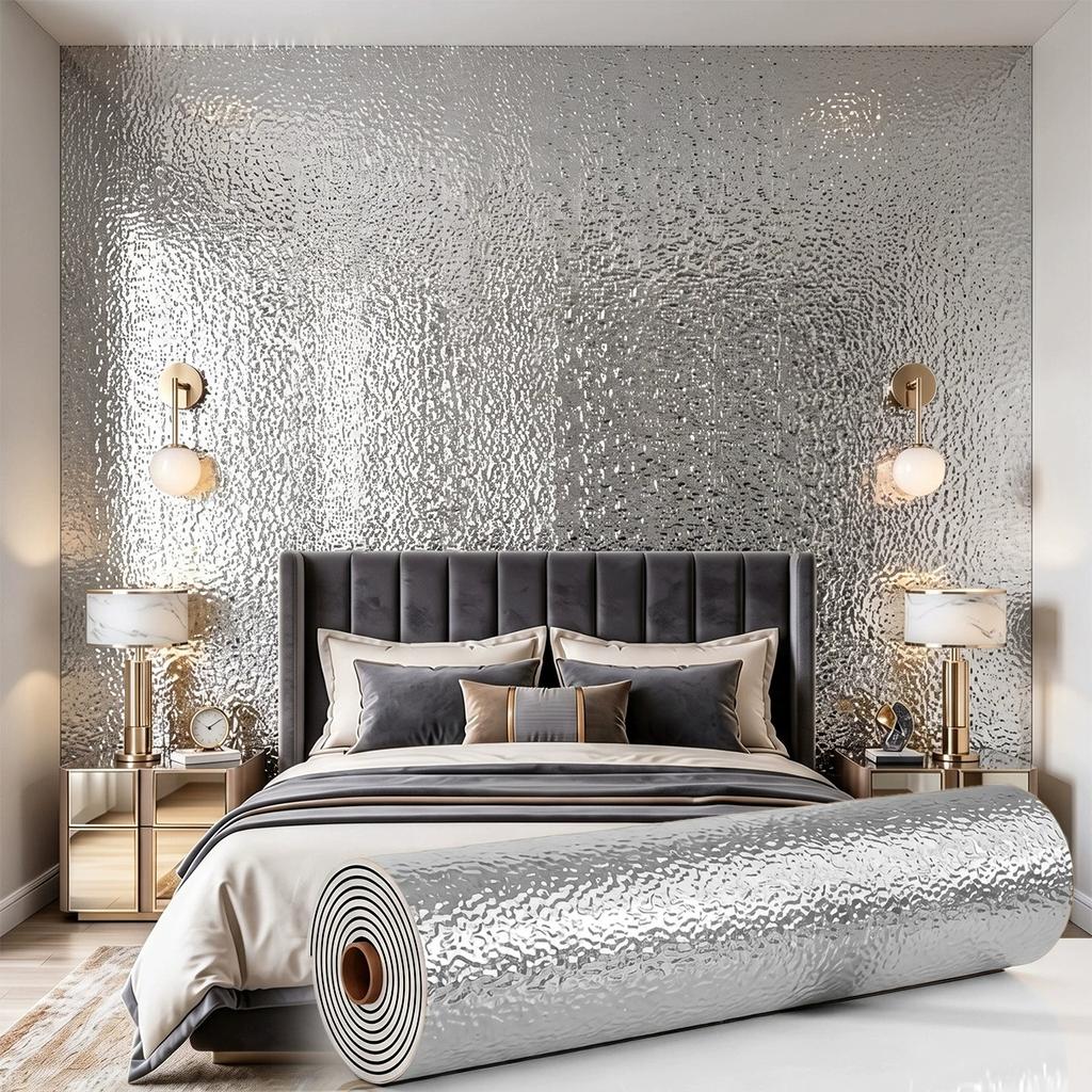 Self-adhesive wall sticker featuring a metallic-finish faux-slat striped pattern; suitable for living room TV feature walls