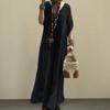 Women Summer Maxi Dress V Neck Horn Sleeves Lace Crochet Patchwork Loose Solid Color Straight Pleated Vintage Soft Breathable Casual Daily Dress