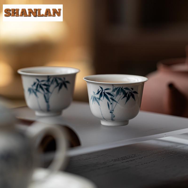 2pc/lot Hand Drawn Blue Bamboo Teacup Japanese Tea Bowl Cup Tea Tea-tasting Personal Cup Chazhan Master Cups Tea Services 50ml