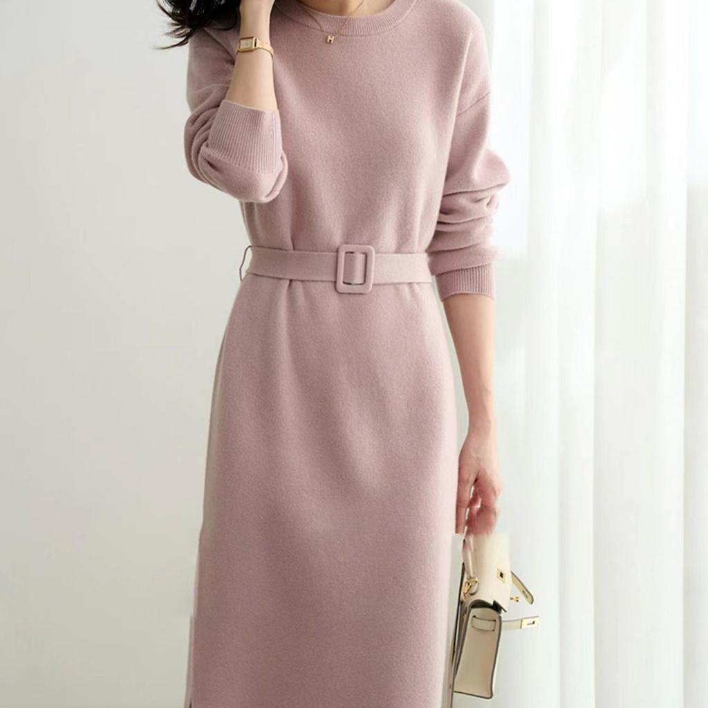 Французское вязаное платье для женщин однотонное повседневное платье-свитер женский осенне-зимний свитер средней длины