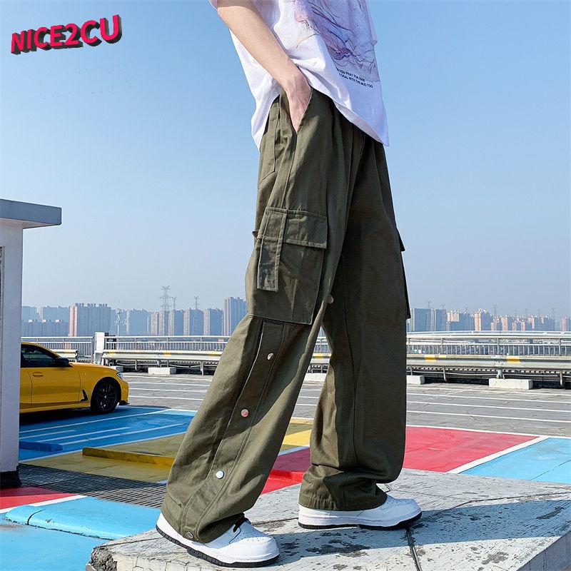 Лето 2023, новые трендовые мужские широкие брюки-карго, корейская уличная одежда, повседневные дизайнерские спортивные штаны большого размера с пуговицами для подростков