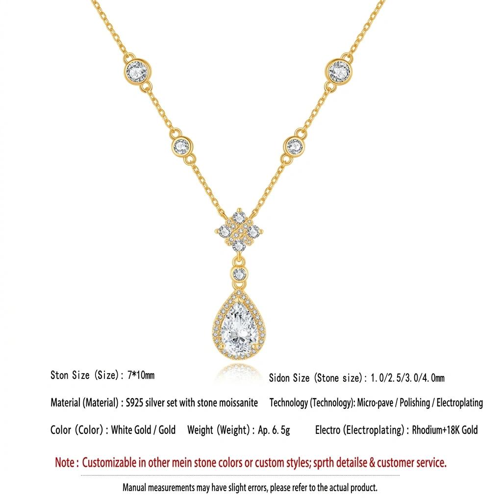 S925 Sterling Silver Dainty Bezel-Set Teardrop Moissanite Pendant Necklace Anti-tarnish Hypoallergenic Elegant Korean Style
