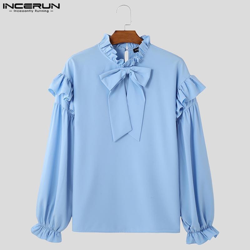 INCERUN Men Elegant Ruffled Neck Shirts Casual Bow Knot Long Sleeve Tops