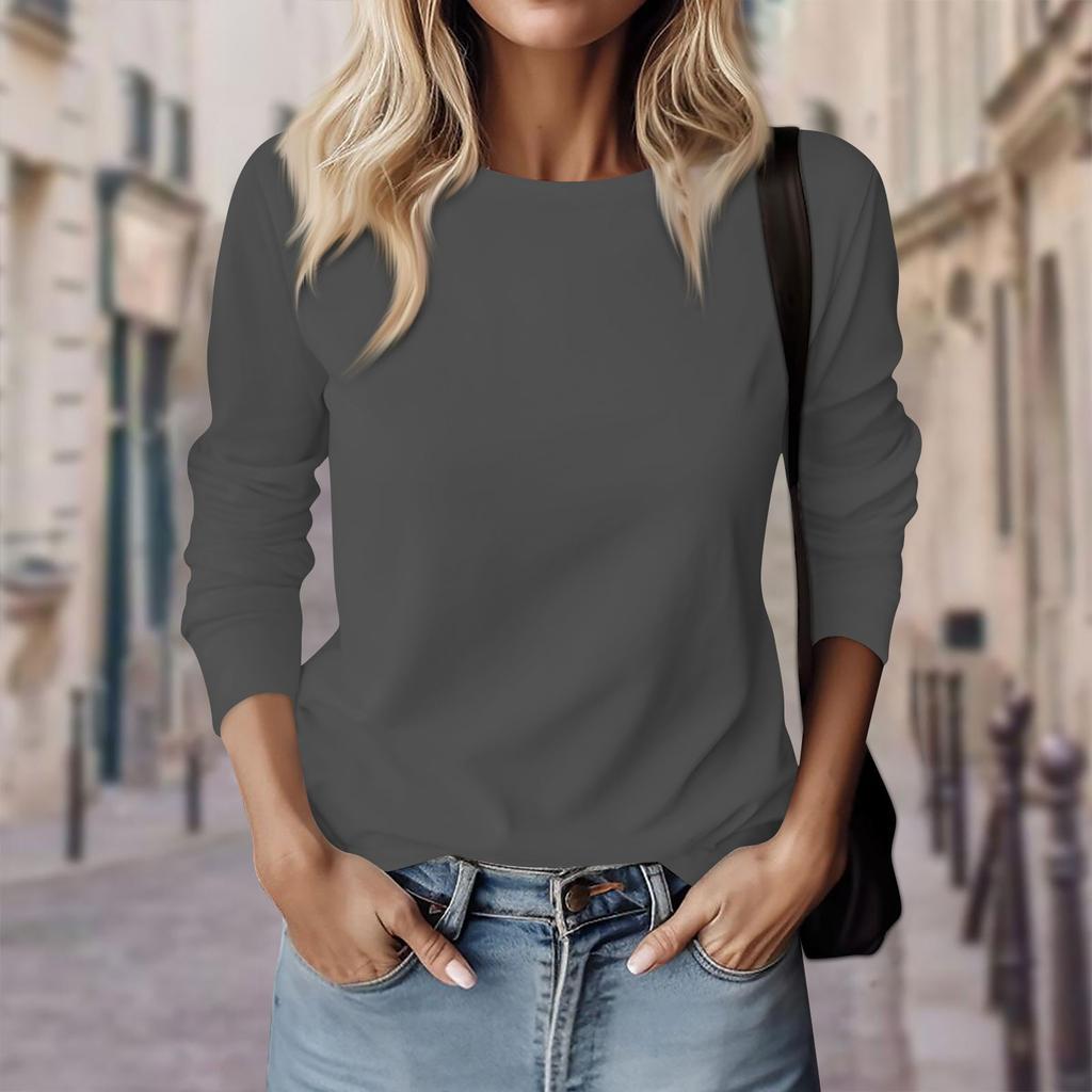 Женская повседневная модная однотонная пуловер с длинным рукавом и круглым вырезом, блузка