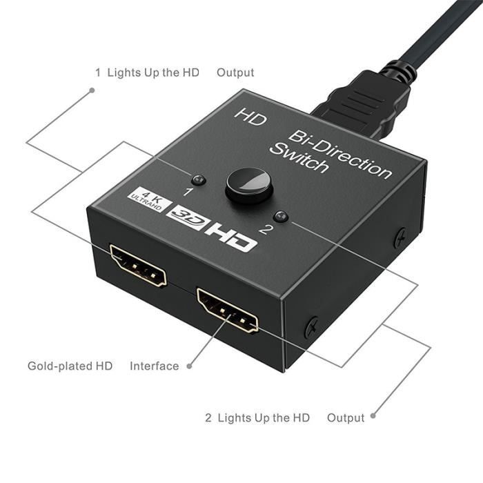 Répartiteur de commutation 2 Ports bidirectionnel, compatible HDMI 4K, 1x2-2x1, HD, 4K, 1080P, 3D HDR, HDCP,