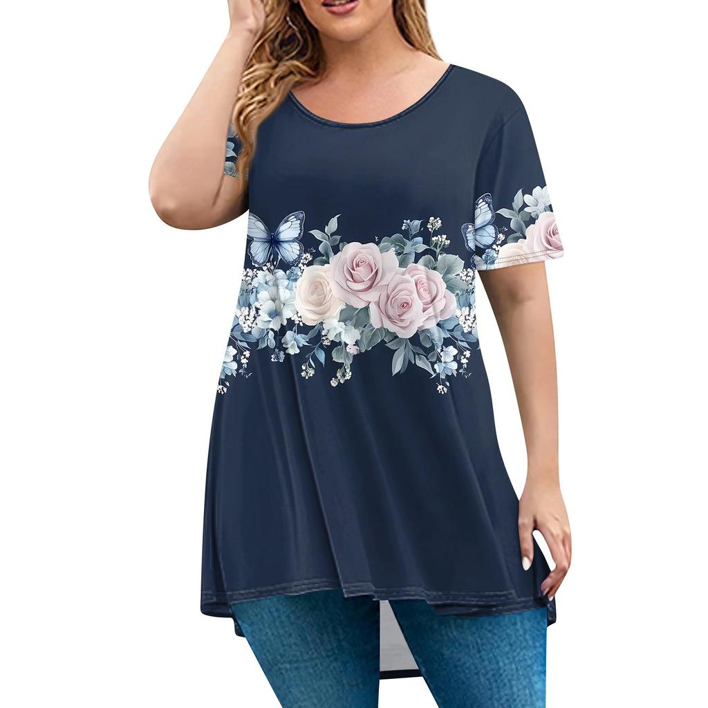 Женская мода большого размера с круглым вырезом и коротким рукавом, повседневный свободный пуловер с принтом