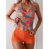 Женский купальник танкини с принтом в европейском и американском стиле 2024 года, с открытой спиной и шортами однотонной расцветки