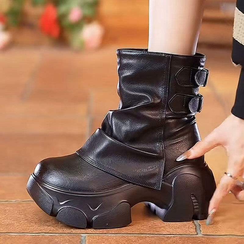 Height Increasing Pile Middle Tube Boots For Women, Autumn Winter New Fashion Versatile Short Boots, Thick Soled Snow Boots