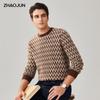 Zhaojun Men's 100% Cashmere Crew Neck Retro Jacquard Sweater
