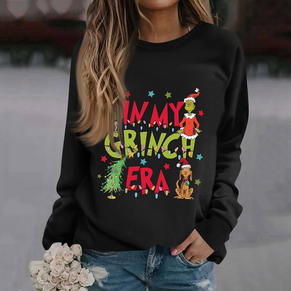 Women's Fashion Casual Long Sleeve Solid Color Christmas Printed Round Neck Top Sweatshirt