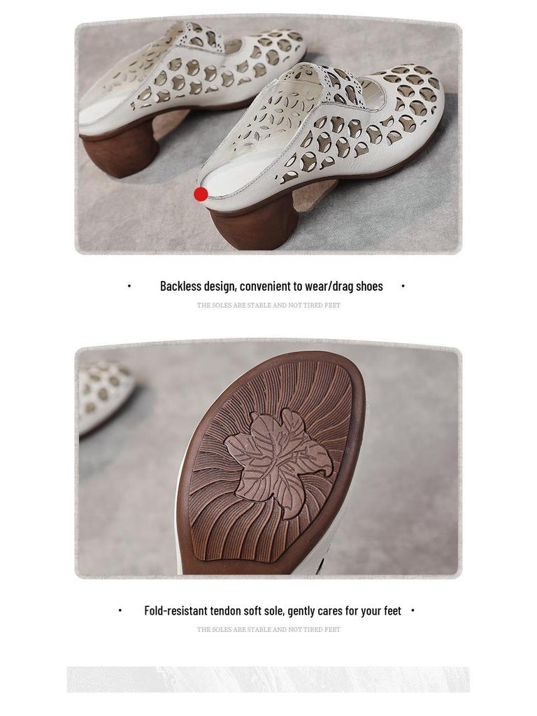 Женские шлепанцы Baotou из натуральной кожи на среднем каблуке в этническом стиле - Летние 2025 с полыми сандалиями на мягкой подошве