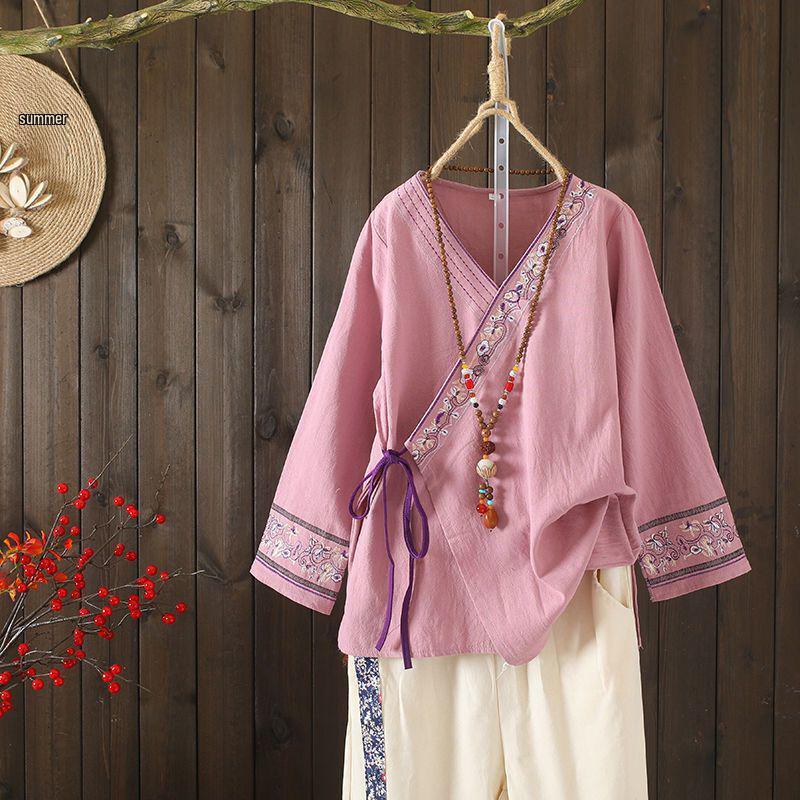 Женская свободная рубашка-пуловер из хлопка и льна с вышивкой в китайском стиле и шнуровкой – Верх платья для чайной вечеринки весна/лето