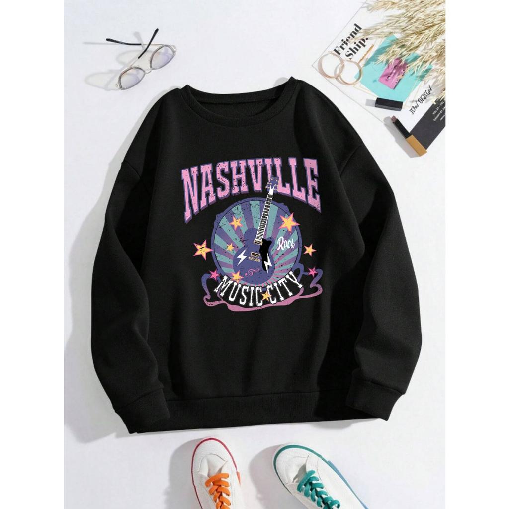 Street Woman Pullover Nashville Music Cith Poster Printing Hoodie Crewneck Loose Fleece Soft Sweatshirt Autumn Female Clothes