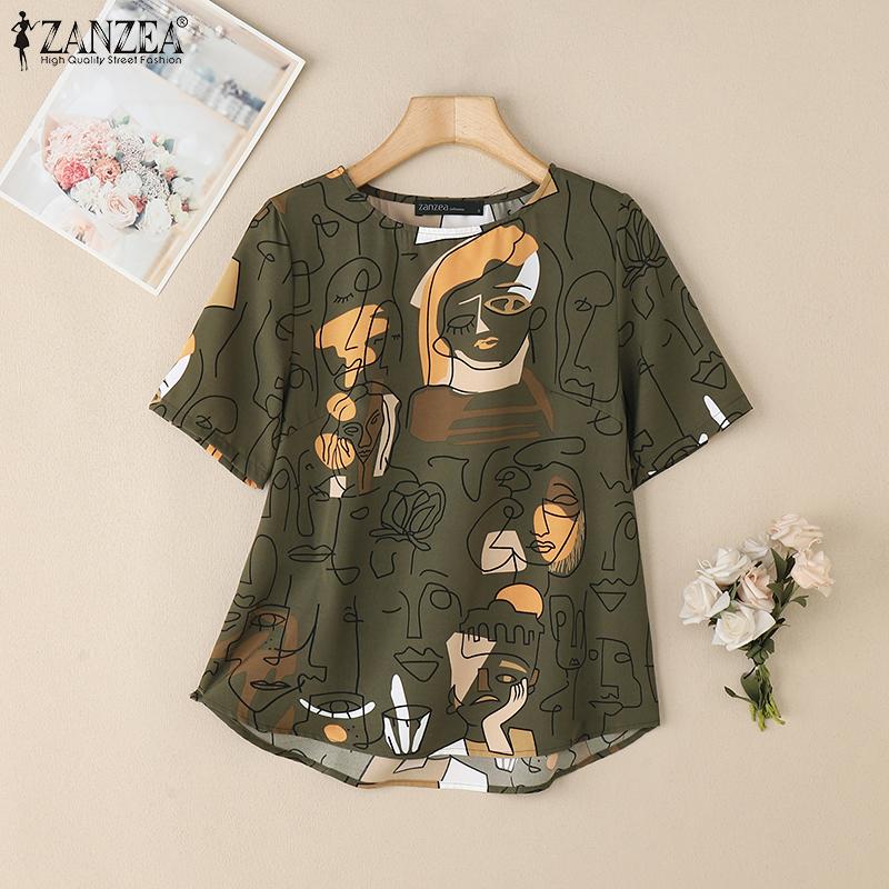 ZANZEA Women Casual Round Neck Half Sleeve Print Summer Blouse