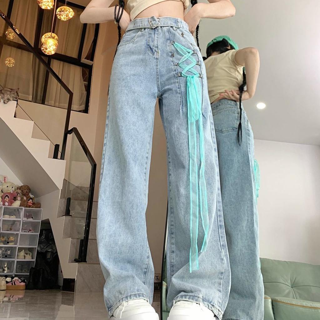 American Spice Girls High-waisted Jeans Women's Summer Loose Slim Pants High-waisted Lace-up Design Wash Wide-leg Pants