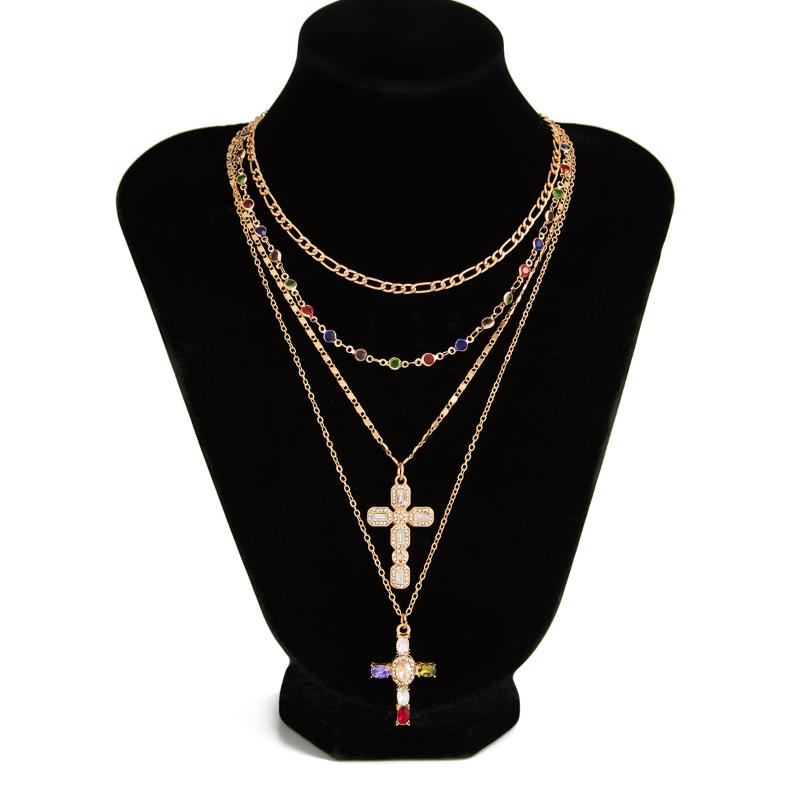 3/4Pcs Simple Jesus Cross Pendant Choker Stacking Necklace For Women Trendy Colorful Crystal Chain Christian Jewelry Gift