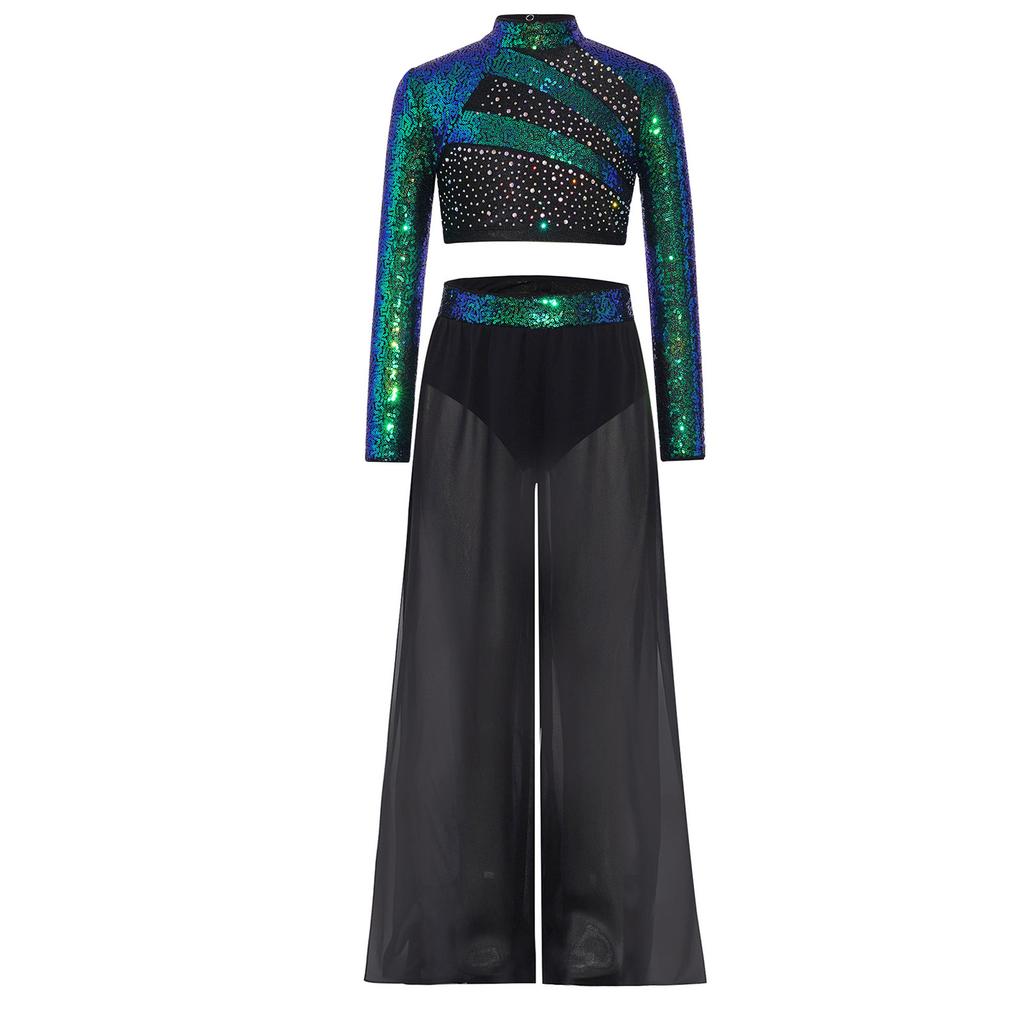 Комплект для выступлений для девочек: кроп-топ с пайетками с длинным рукавом и воротником-стойкой, широкие брюки из струящегося шифона для танцев