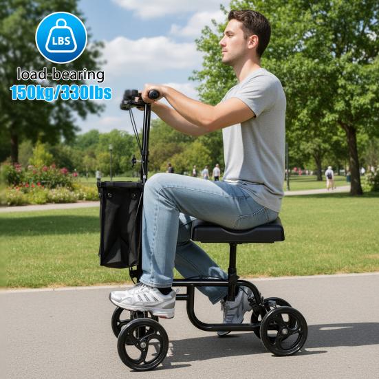 Steerable Leg Scooter Knee with Rear Wheel Brake Locking Handbrake, Crutches Alternative Adults Walker All-Terrains Canvas Bag, Adjustable for Broken