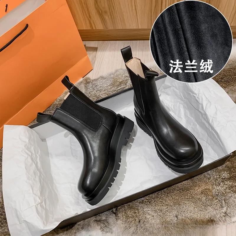Модные классические ботильоны, кожаные ботинки с увеличенным голенищем, женские, осенне-зимние, бархатные, на толстой подошве, короткие мотоциклетные ботинки «челси»