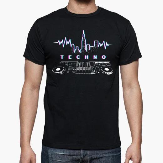 Уникальная Силуэт Нью-Йорка DJ Techno Футболка Летняя Хлопок Круглый Вырез Короткий Рукав Мужская Футболка Новая S3XL