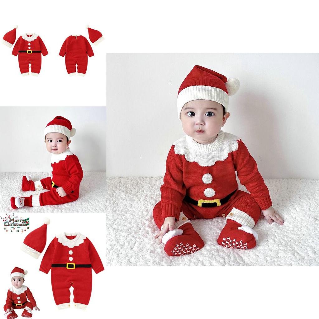 Adorable Christmas Baby Knitted Romper Jumpsuit Outfit W/ Santa Claus Sweater Hat
