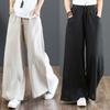 Literary Large Size Loose Solid Color Linen Lace Elastic Waist Wide Leg Pants Trousers